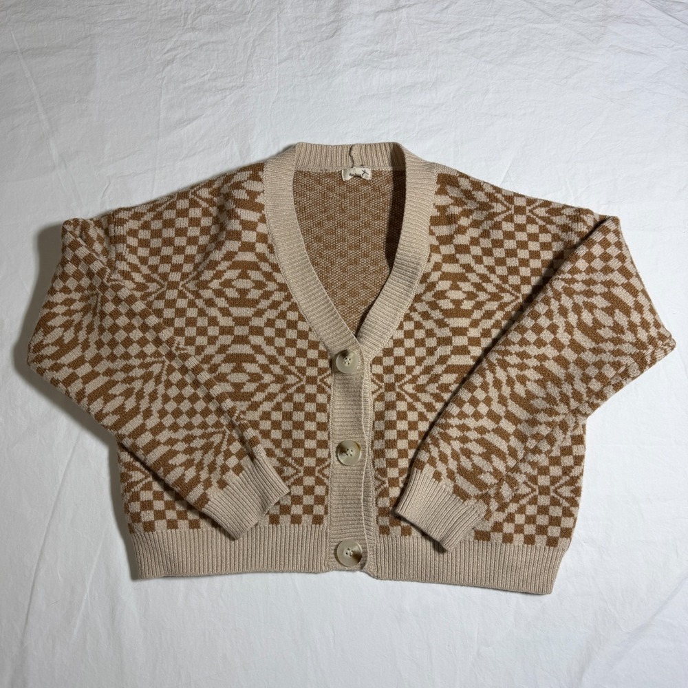 Debut Women's S Brown Beige Geometric Knit‎ Cardigan Sweater
